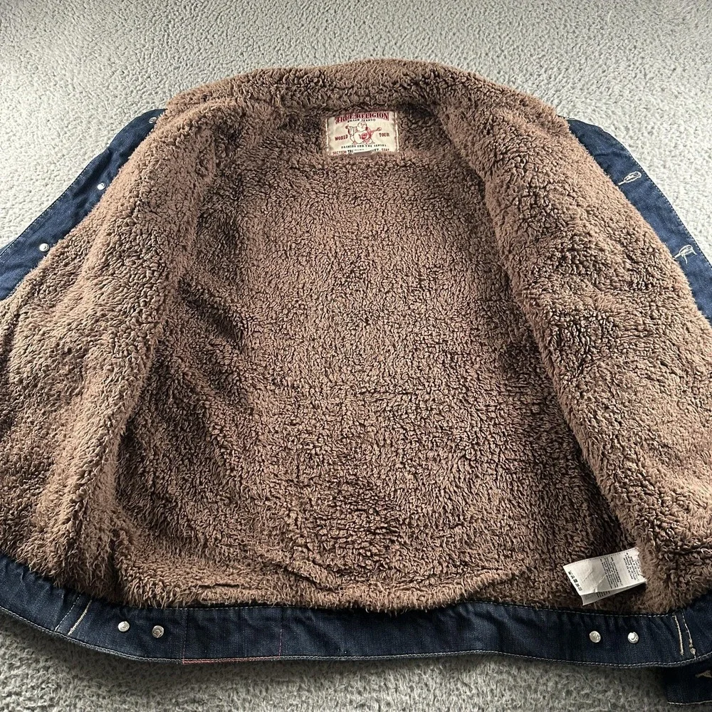 True Religion Section Trucker Jacket Mens XL Blue Sherpa Lined Denim Fleece